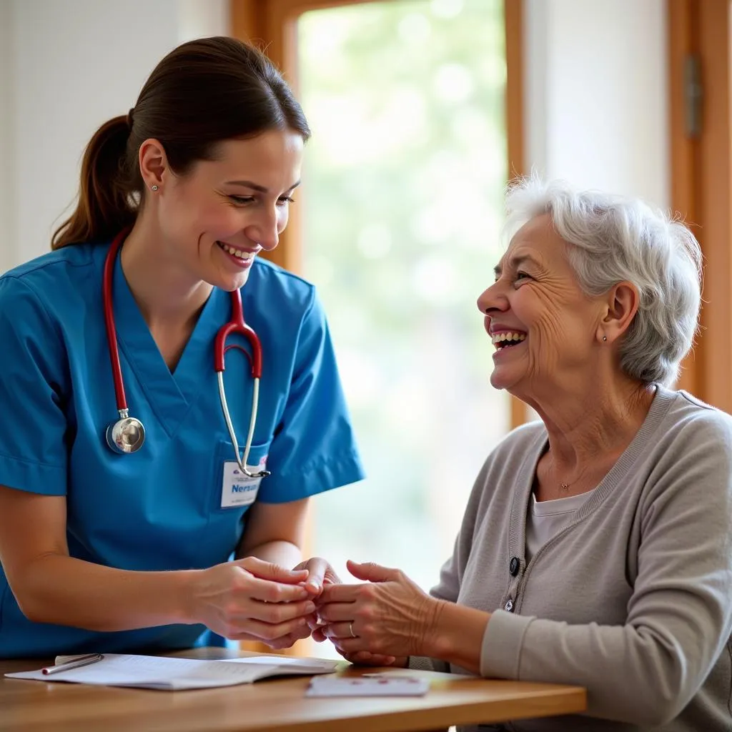 Home health aide assisting senior woman with medication