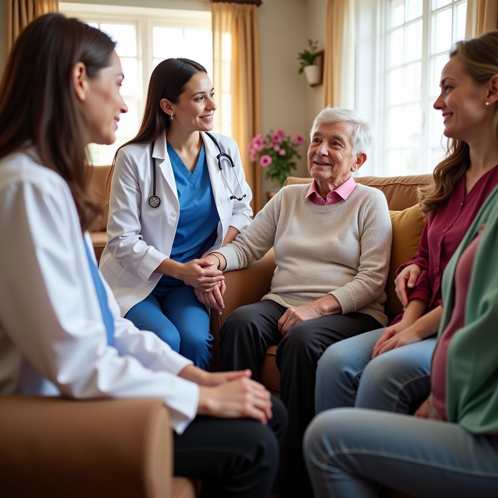 Hospice care team meeting with a patient and family