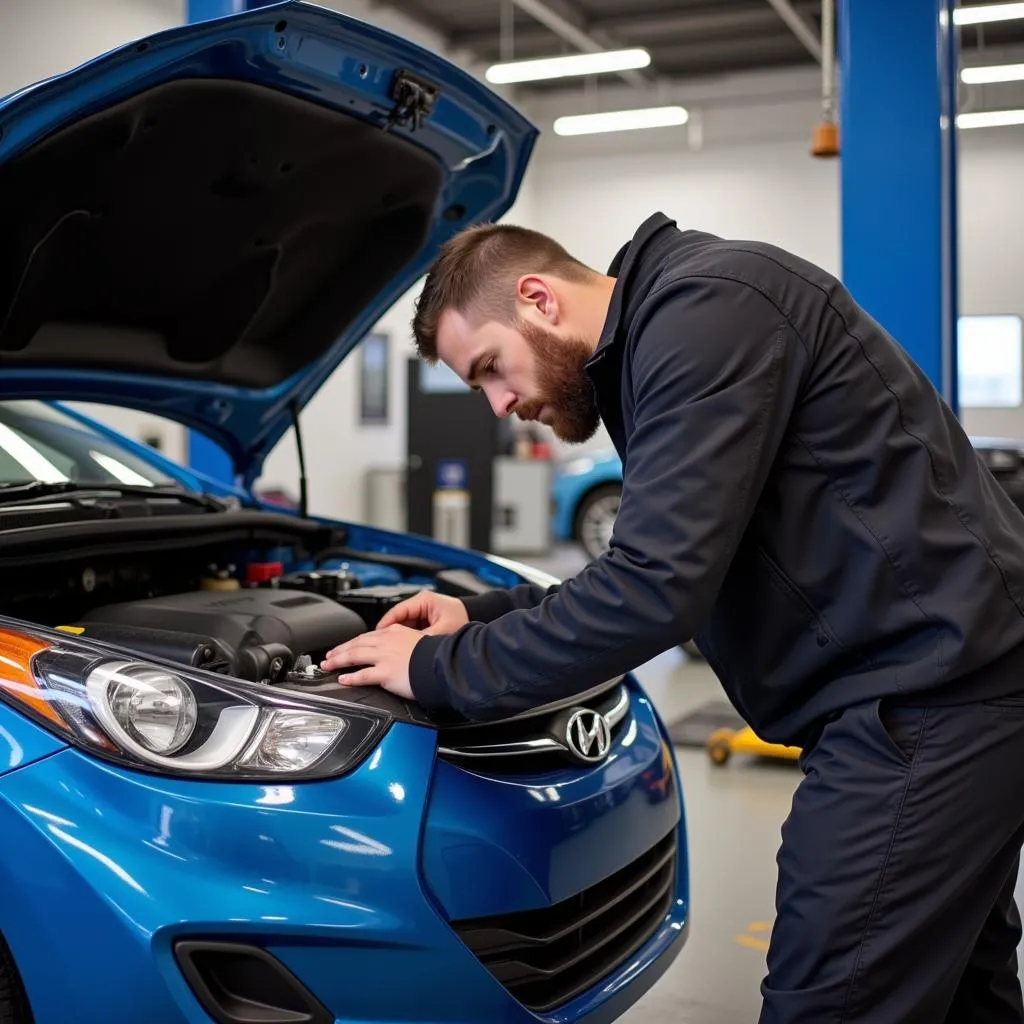 Mechanic Inspecting a Used Hyundai Elantra