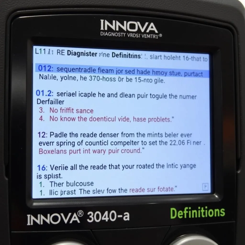 Innova 3040a scan tool display showing DTCs and their definitions