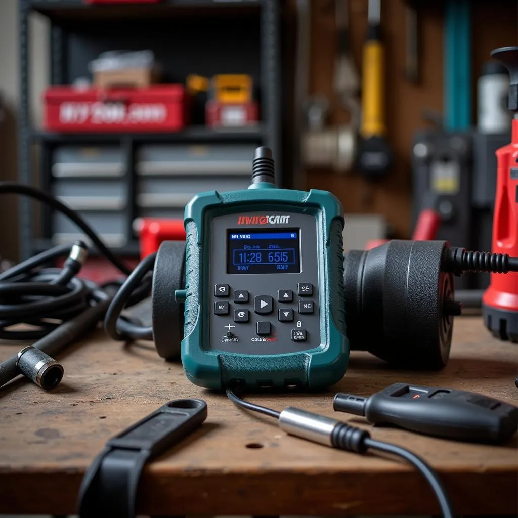 Innova Carscan code scanner sitting on a workbench in a garage