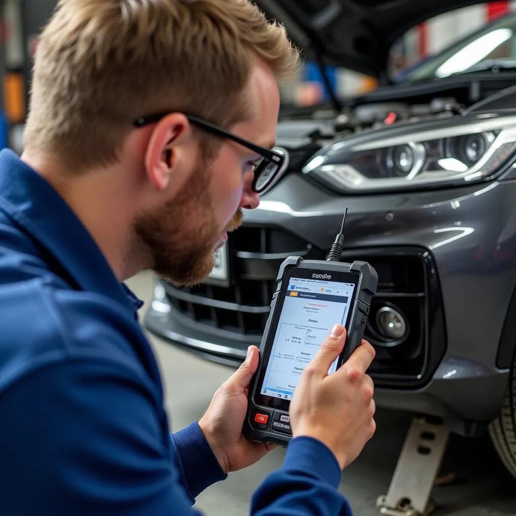 Mechanic inspecting a used car scanner