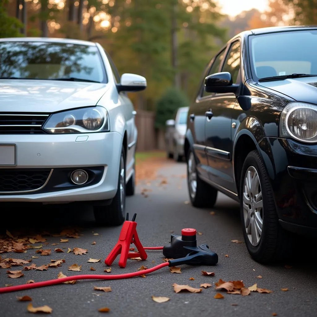 Two cars connected with jumper cables