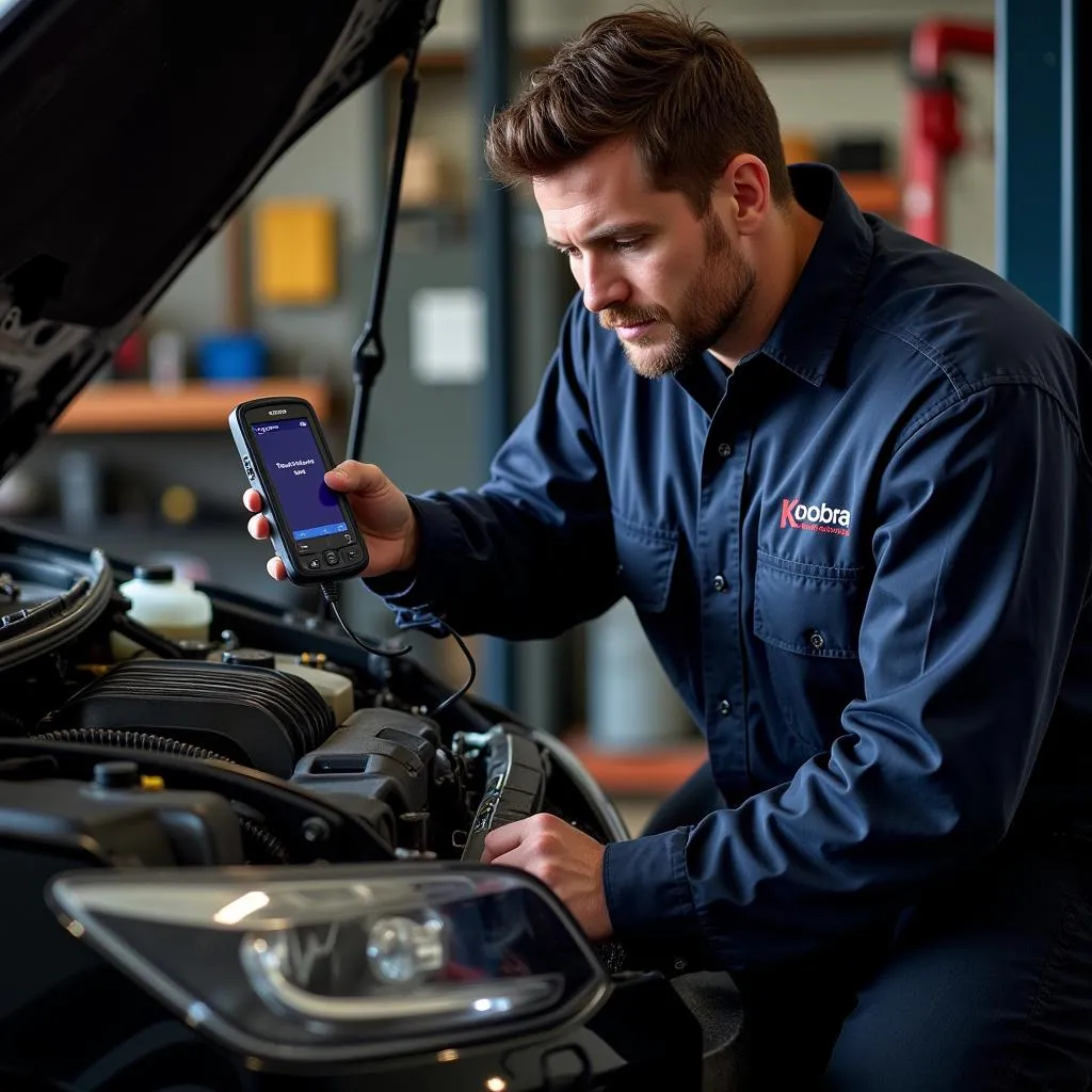 Mechanic using a Kobra scan tool to diagnose an engine problem