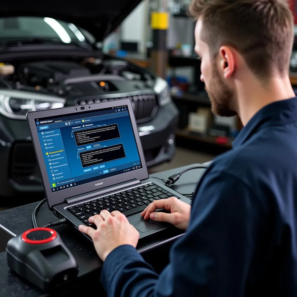 Mechanic using a laptop for vehicle diagnostics