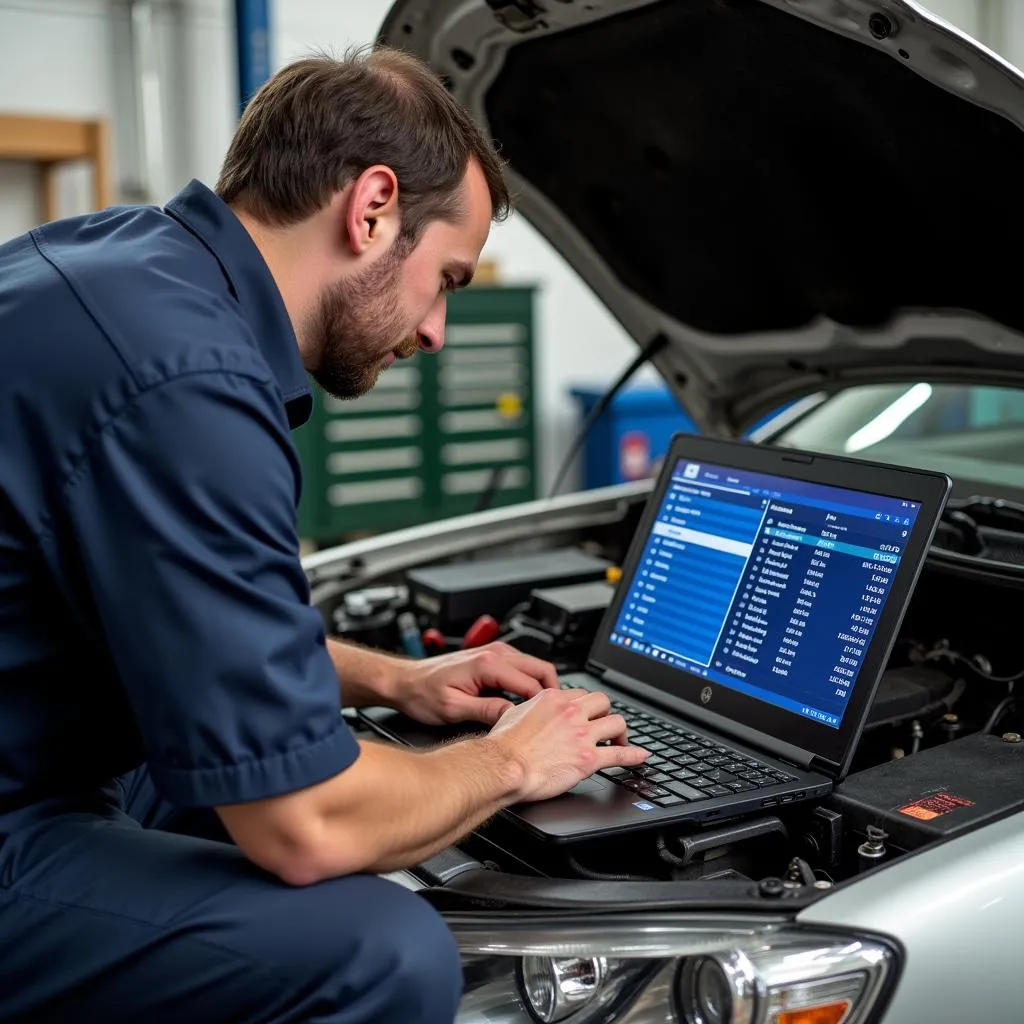 Mechanic using a laptop diagnostic program to diagnose a car