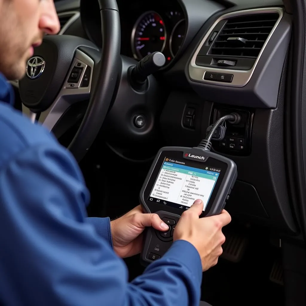 Mechanic using a launch car scanner to diagnose an engine problem