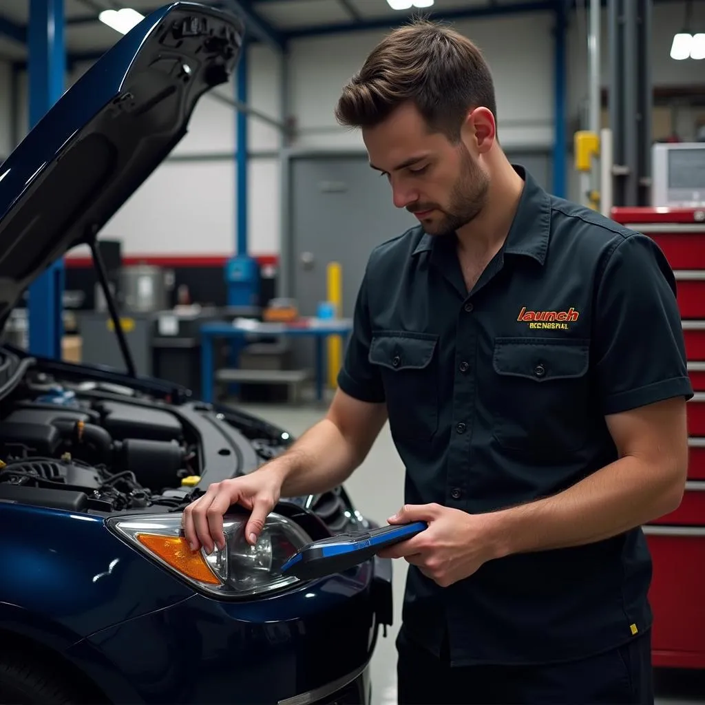 A mechanic using a Launch Scan Tool 123 to diagnose a car's engine