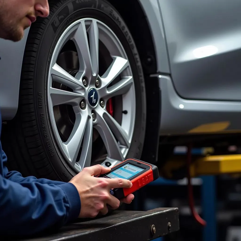 Mechanic Using Launch Tech X-431 Torque Scan Tool