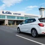 LGA airport car rental with a car driving out of the airport