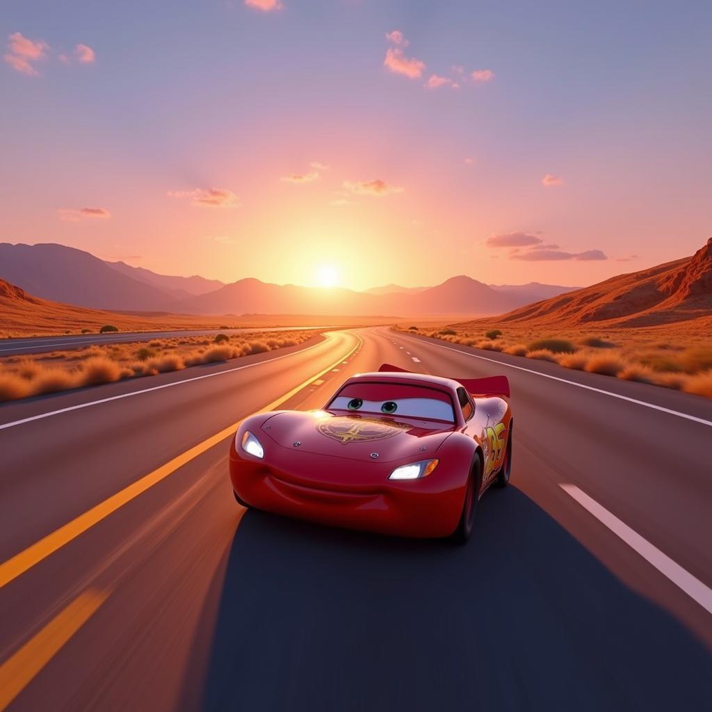 Lightning McQueen racing down the highway in Cars with "Life is a Highway" playing