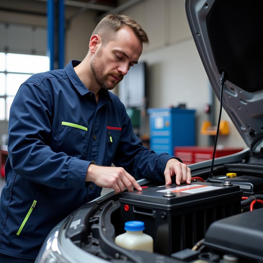 Mechanic inspecting lithium car battery