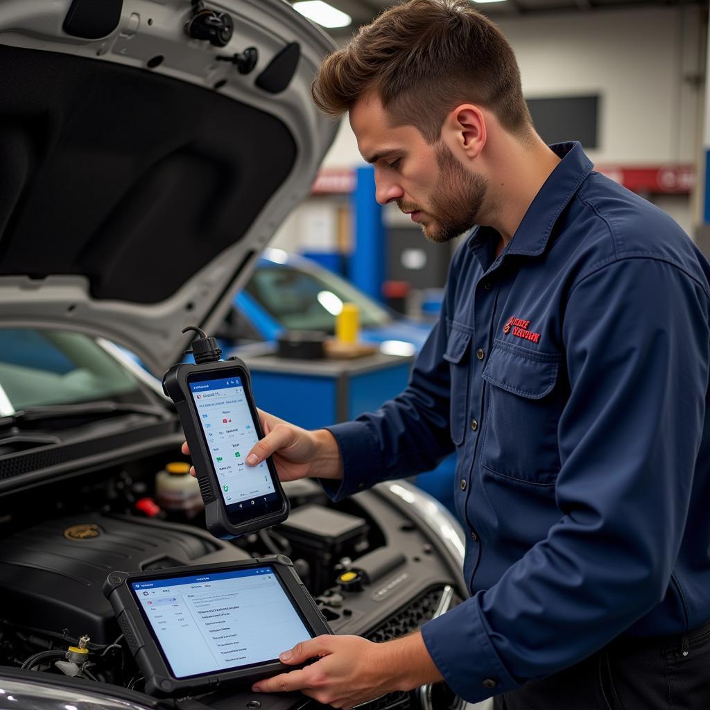 Mechanic Using ljpxhhu Car Wifi OBD2 Scan Tool to Diagnose Engine Issue