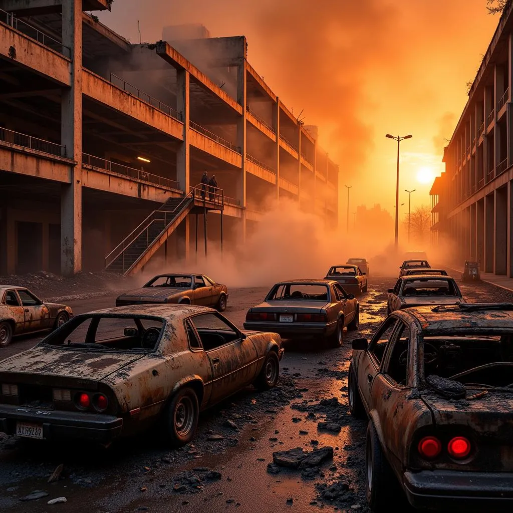 Aftermath of the Luton Airport car park fire, showing extensive damage to vehicles and the parking structure.