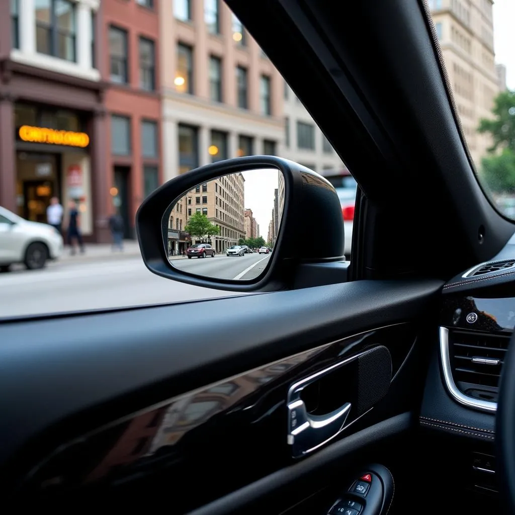 Reflection of Chicago Street in Luxury Car Side Mirror