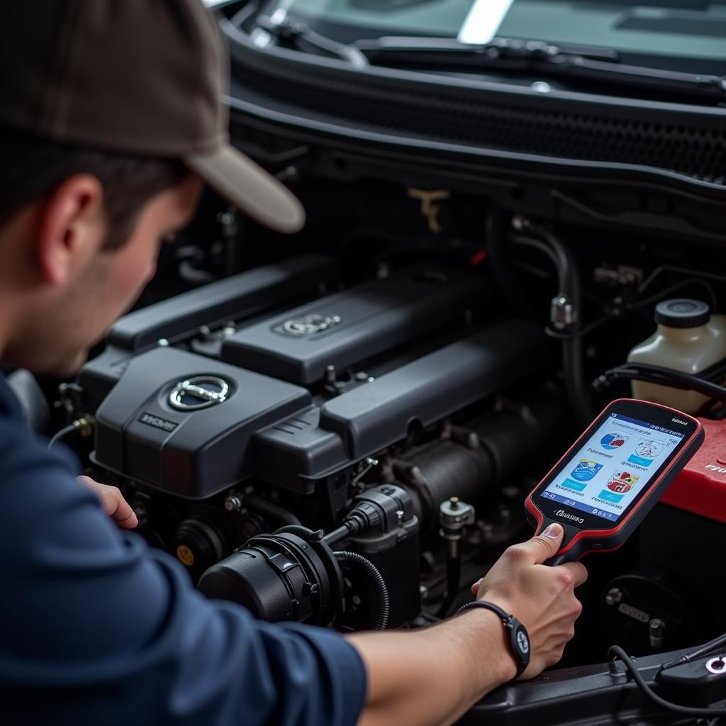 A mechanic using a Maxidas scanner to diagnose a vehicle problem