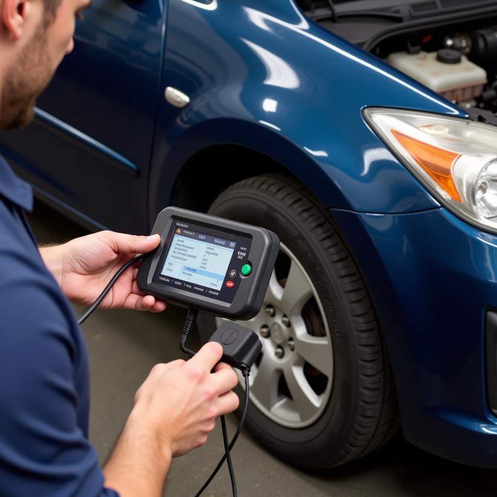 Mechanic plugging into a car's onboard diagnostics port