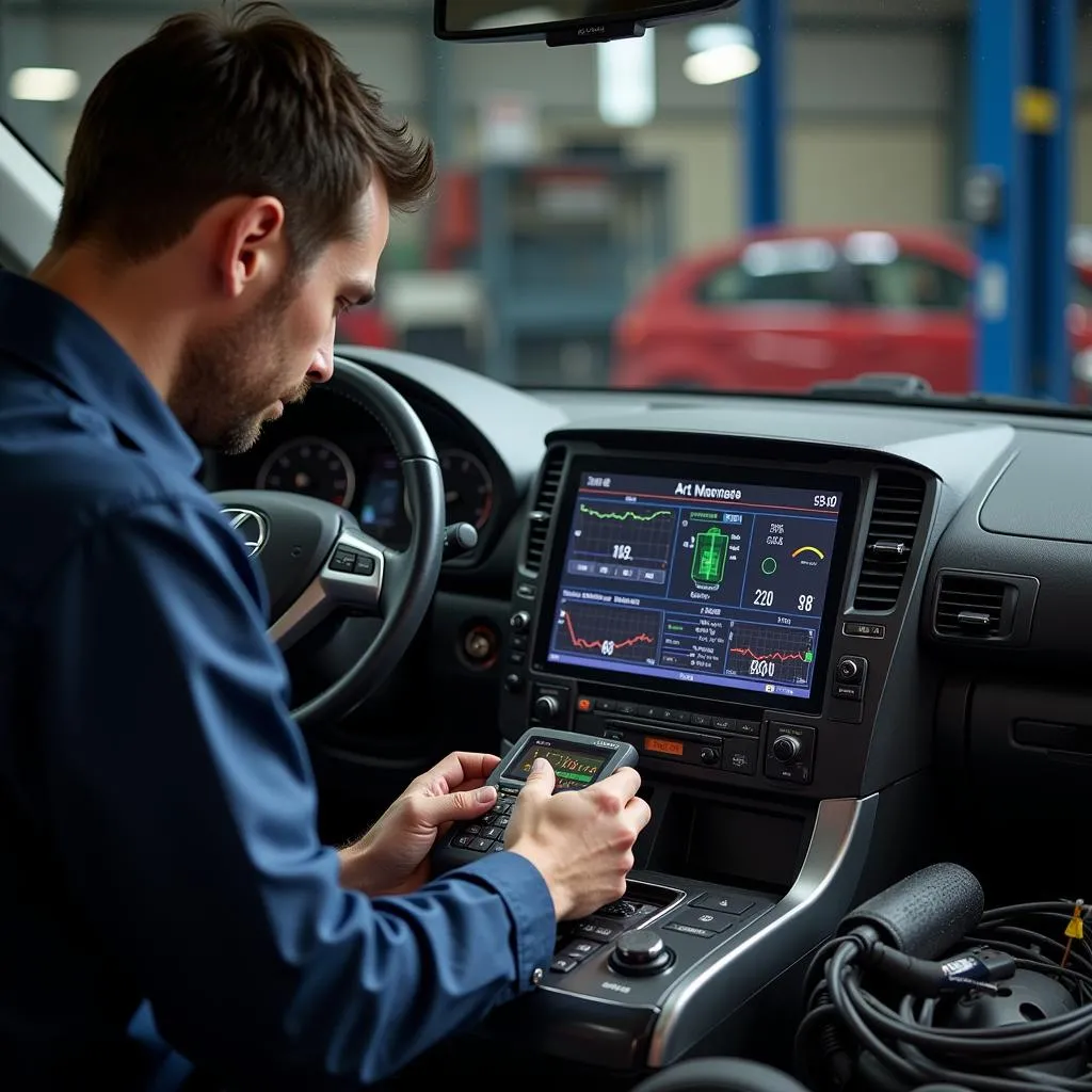 Mechanic reviewing diagnostic data on a Lexus GX470 scan tool