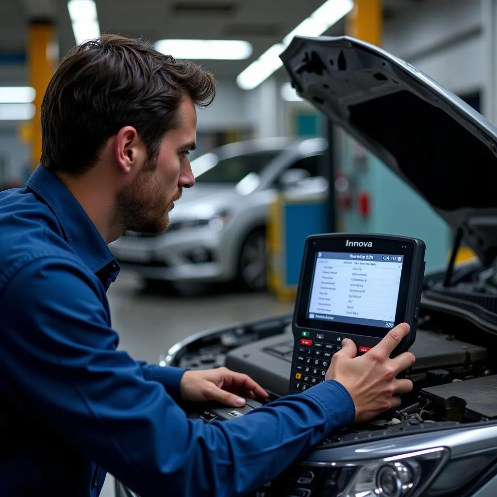 Mechanic reviewing Innova code reader data