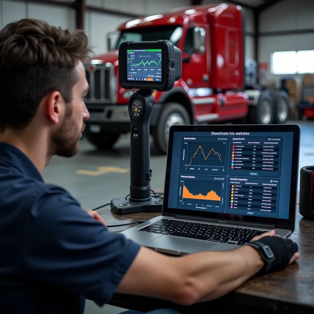 Mechanic reviewing truck diagnostics on a laptop