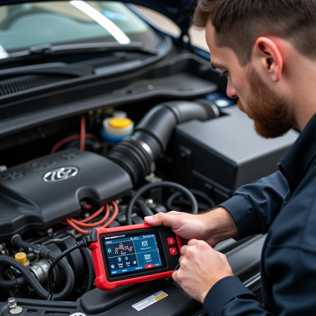 Mechanic Checking Car Electrical System with Diagnostic Tool