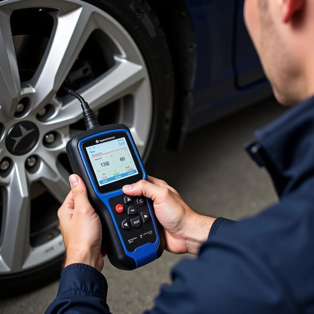 Mechanic Diagnosing TPMS with Scanner