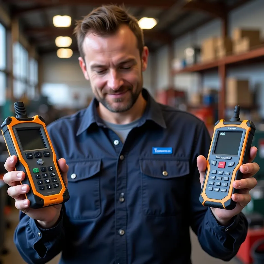 A mechanic examines different Chinese Tech 2 scan tools