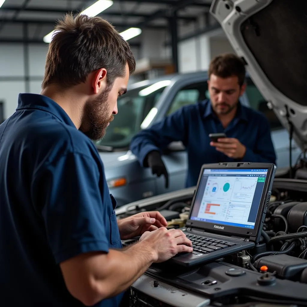 Mechanic Comparing Diagnostic Tools