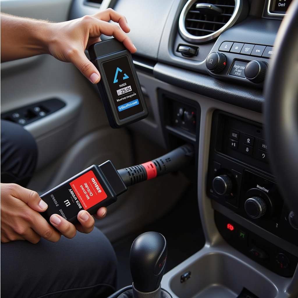 Close-up image of a mechanic connecting the Actron CP9185 Elite Autoscanner to a car's OBD-II port.