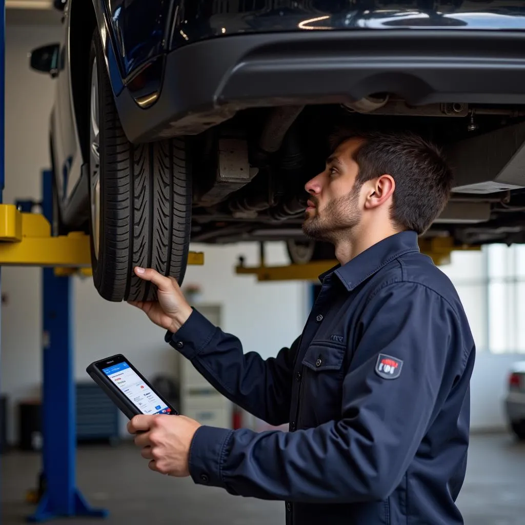 A mechanic using a scanner to diagnose an ABS issue on a car lifted on a hoist