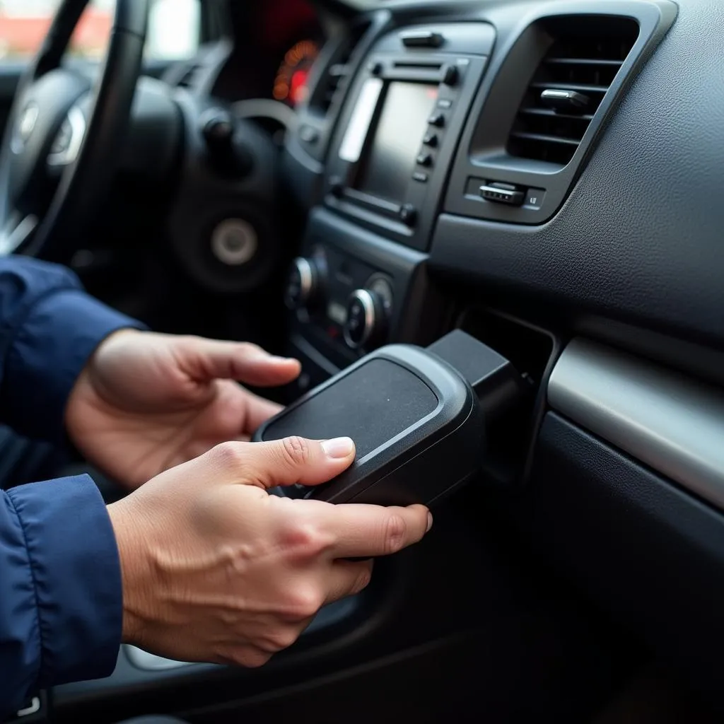 Mechanic connecting a car diagnostic scanner