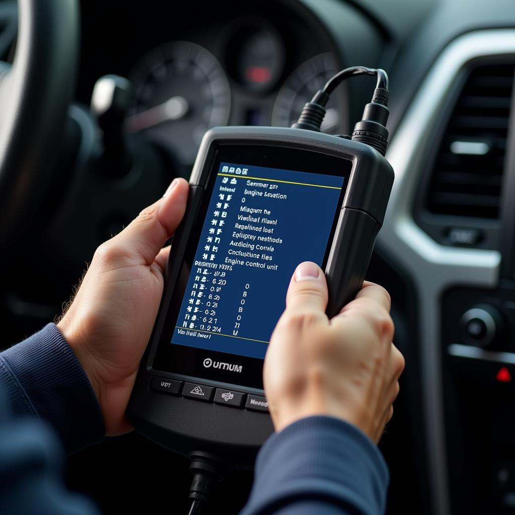 A mechanic uses a bi-directional scanner to diagnose a car's engine control unit.