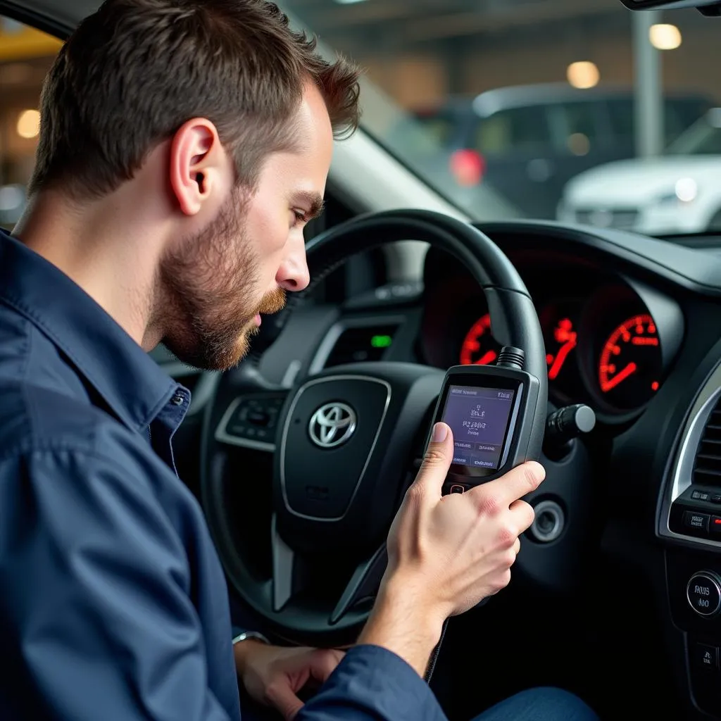 Mechanic using a diagnostic tool to check a car engine.