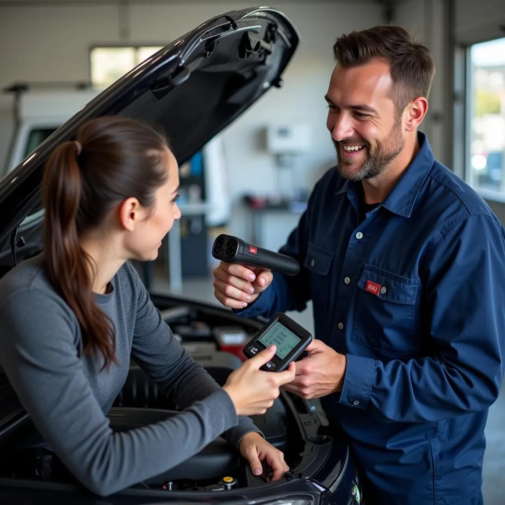 Mechanic Explaining Diagnostic Results to Car Owner