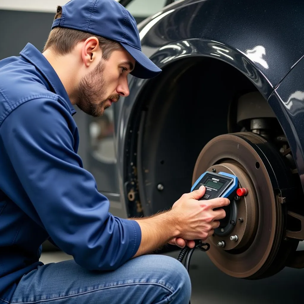 Mechanic inspecting a car's ABS system