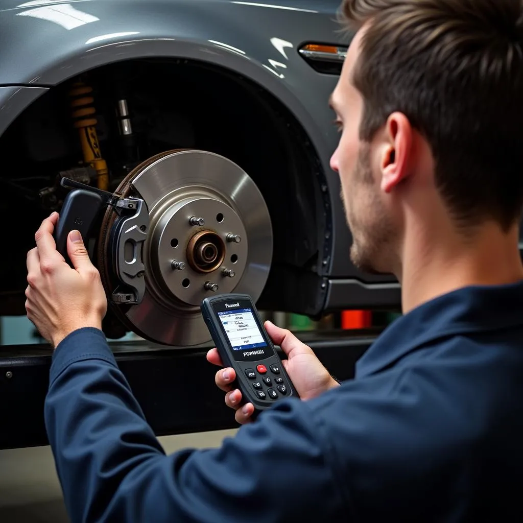 Mechanic Inspecting Brake System with Scan Tool