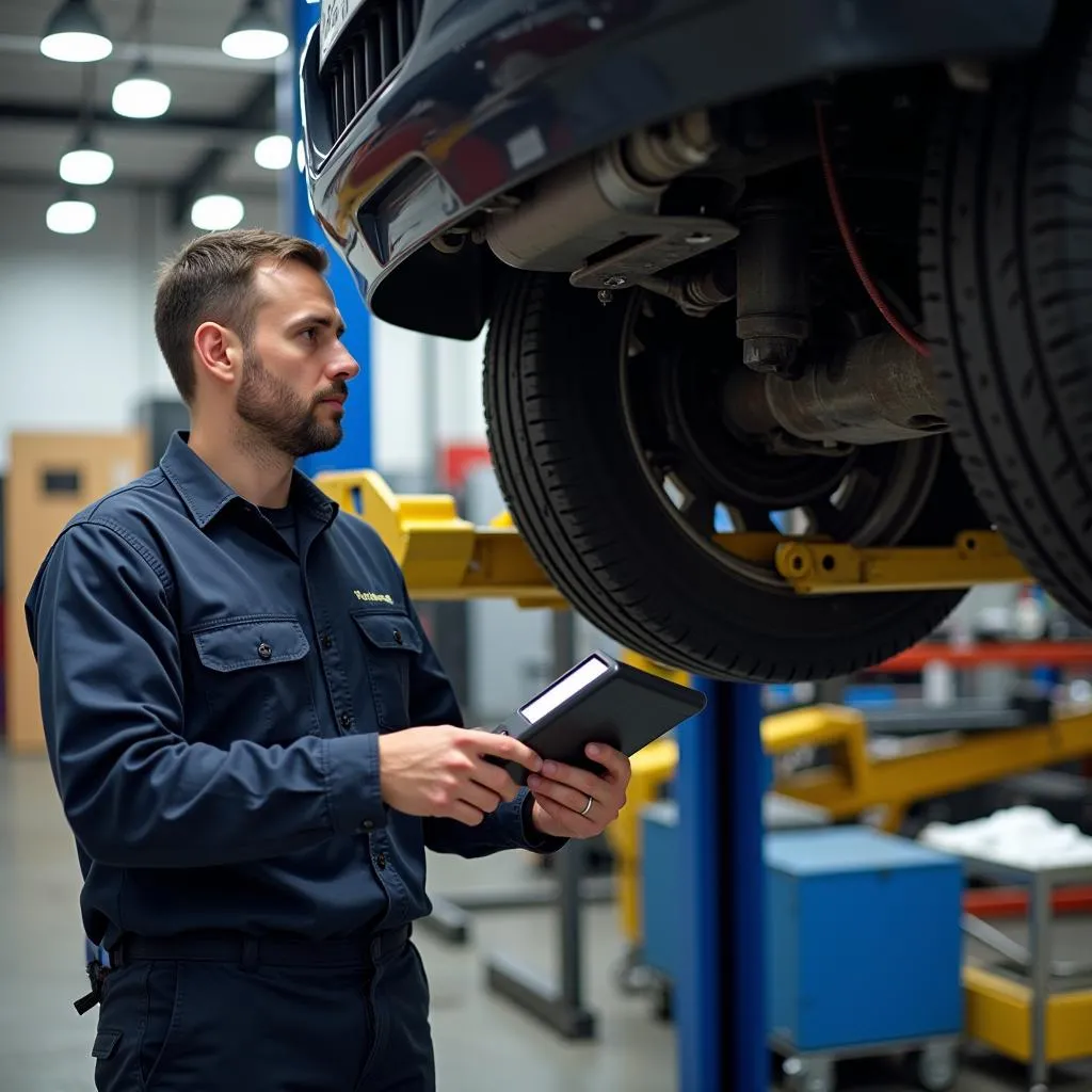 Mechanic inspecting car