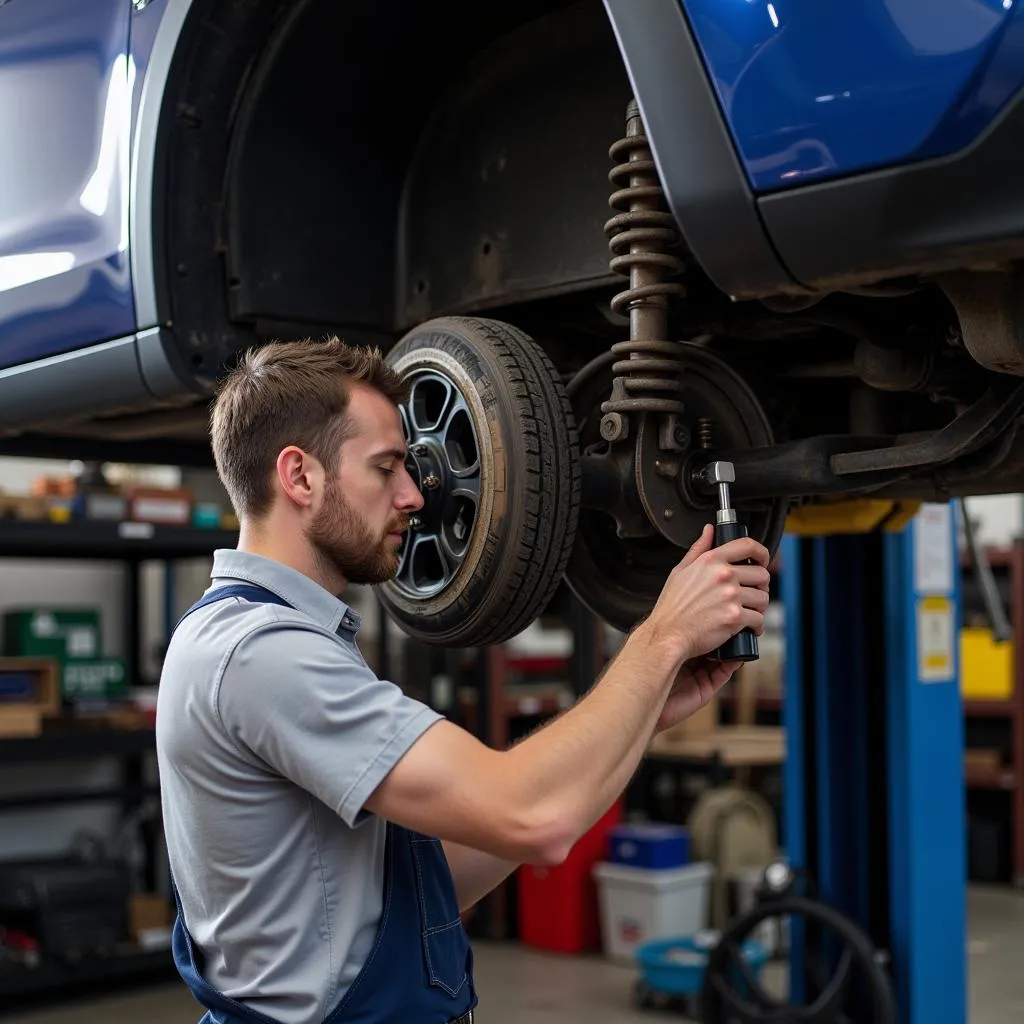 Mechanic Inspecting Car Axle