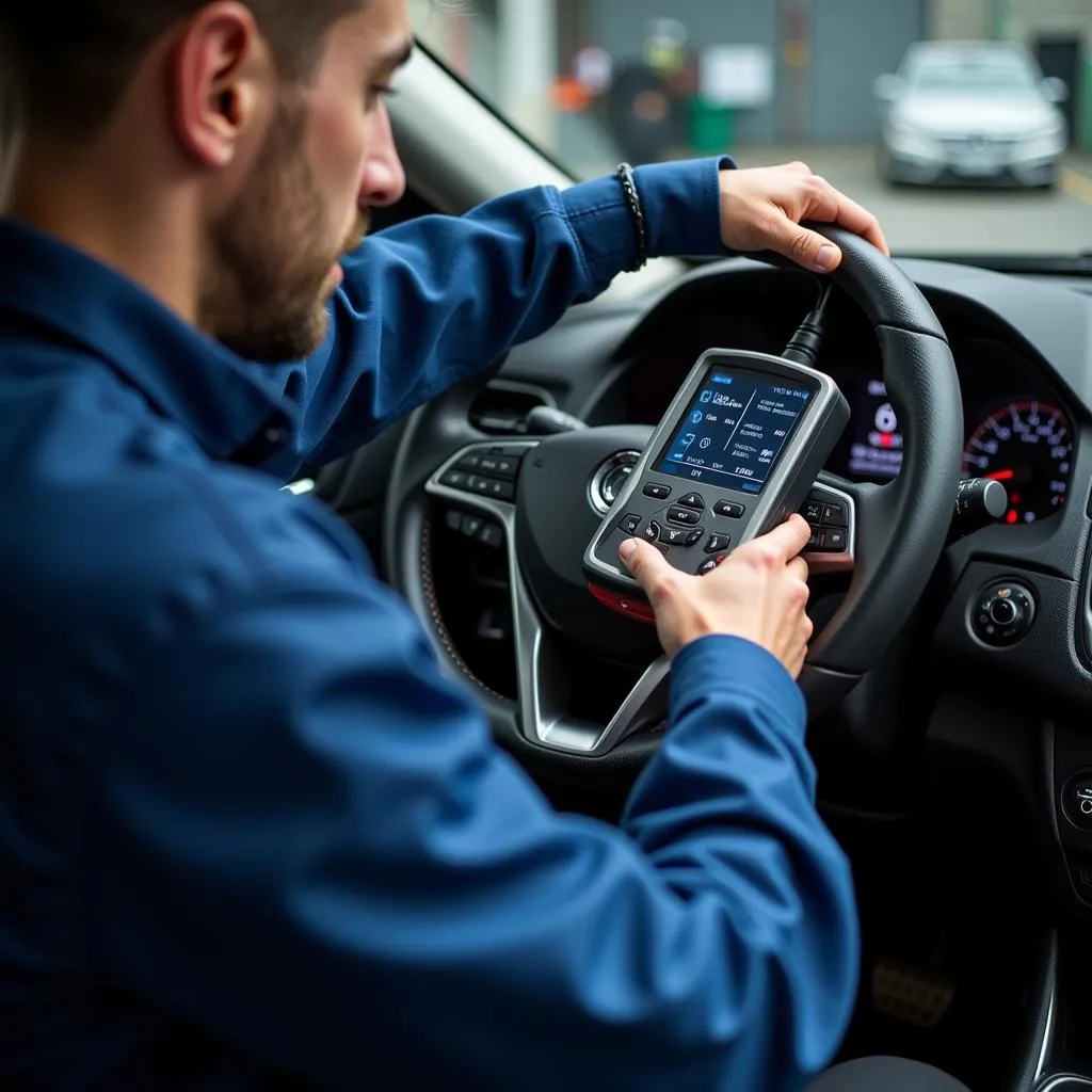 Mechanic Diagnosing Car Dashboard