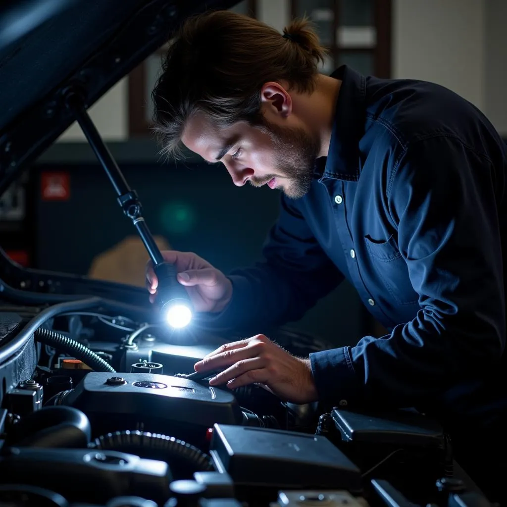 Mechanic Examining a Car Engine