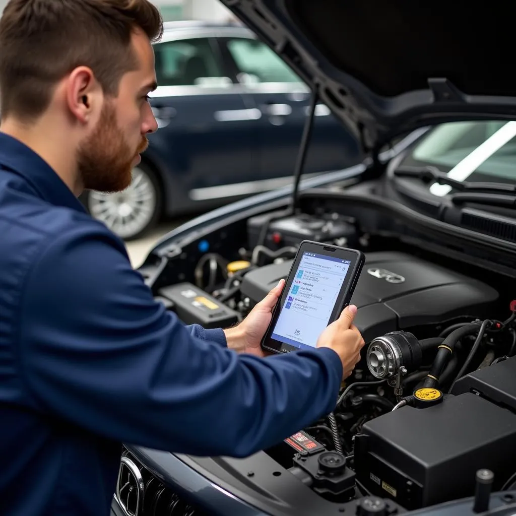 Mechanic Diagnosing Car Engine Problem