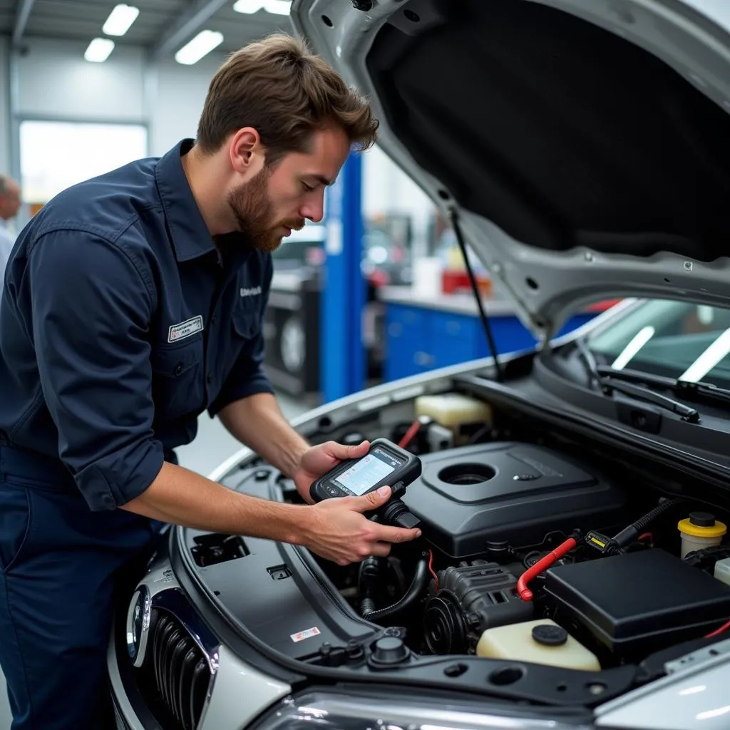 Mechanic inspecting car engine 