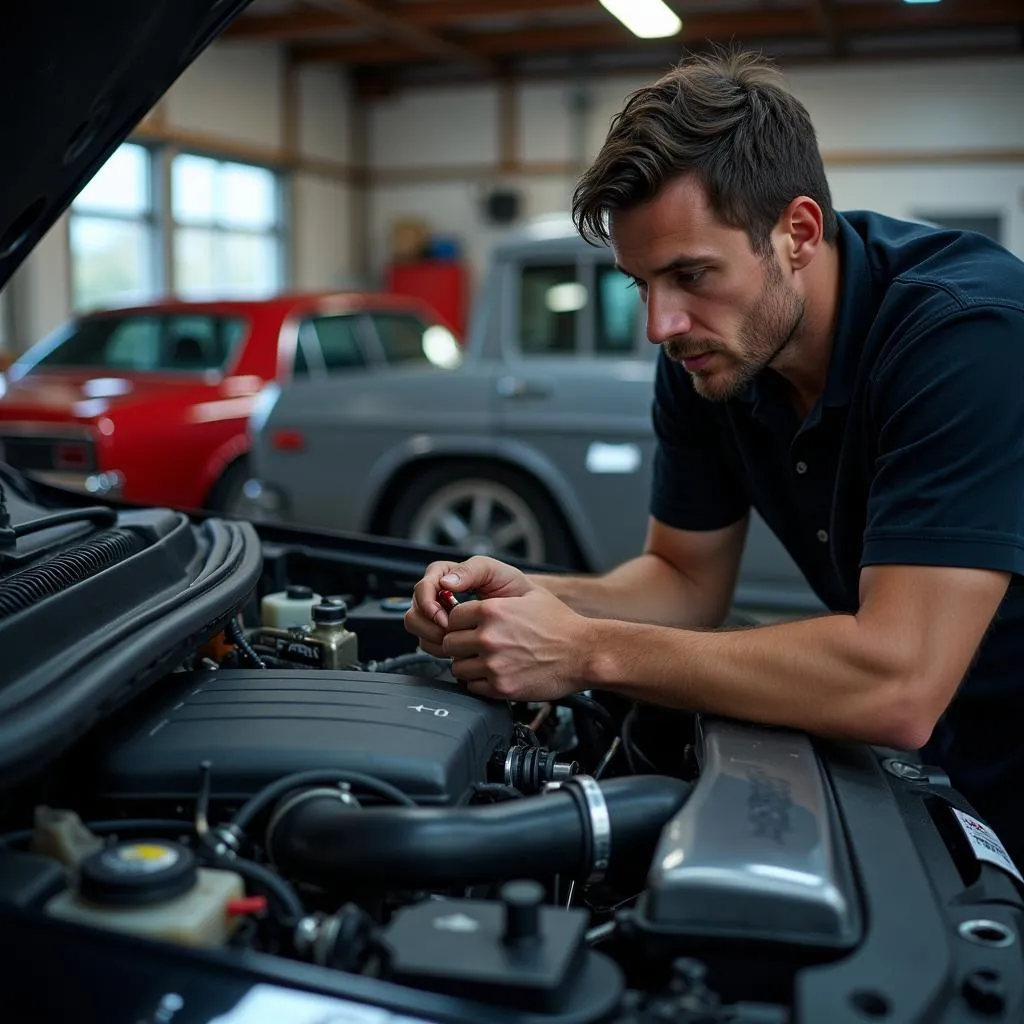 Mechanic inspecting car engine