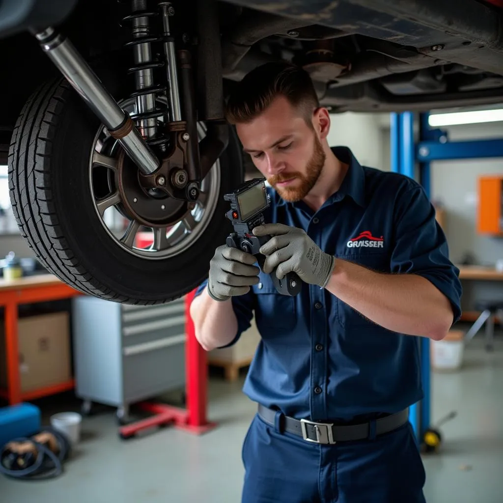 Mechanic inspecting car suspension system