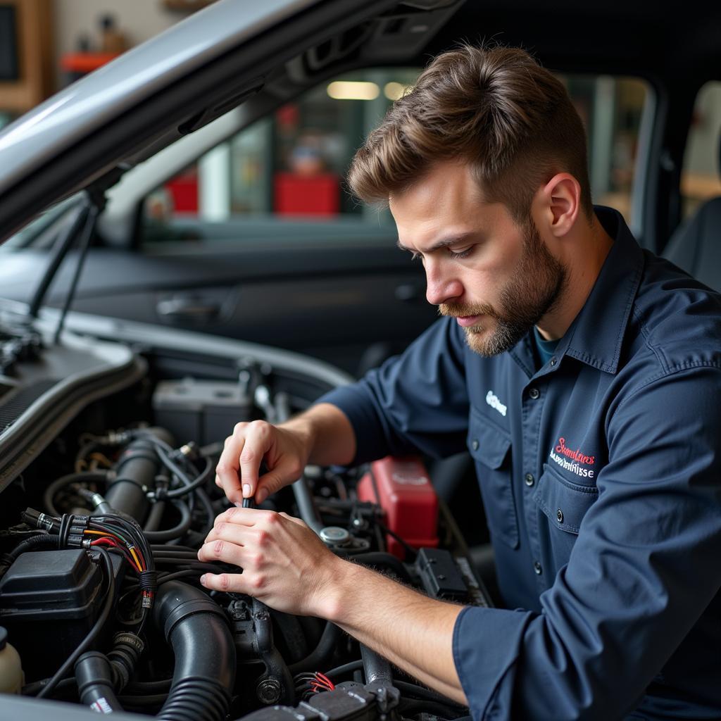 Automotive technician inspecting a car wiring harness for damage