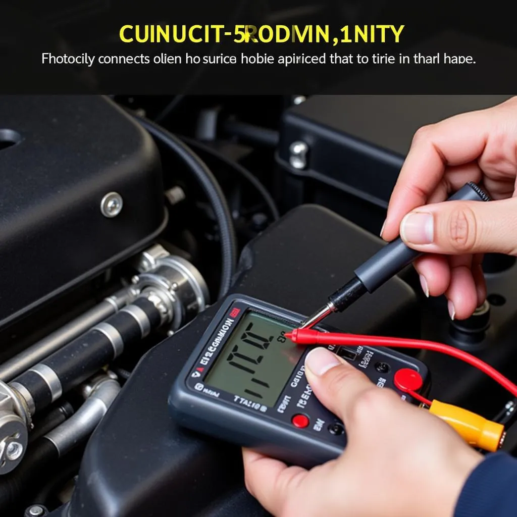  A car mechanic inspecting wiring harnesses with a multimeter for diagnostics.