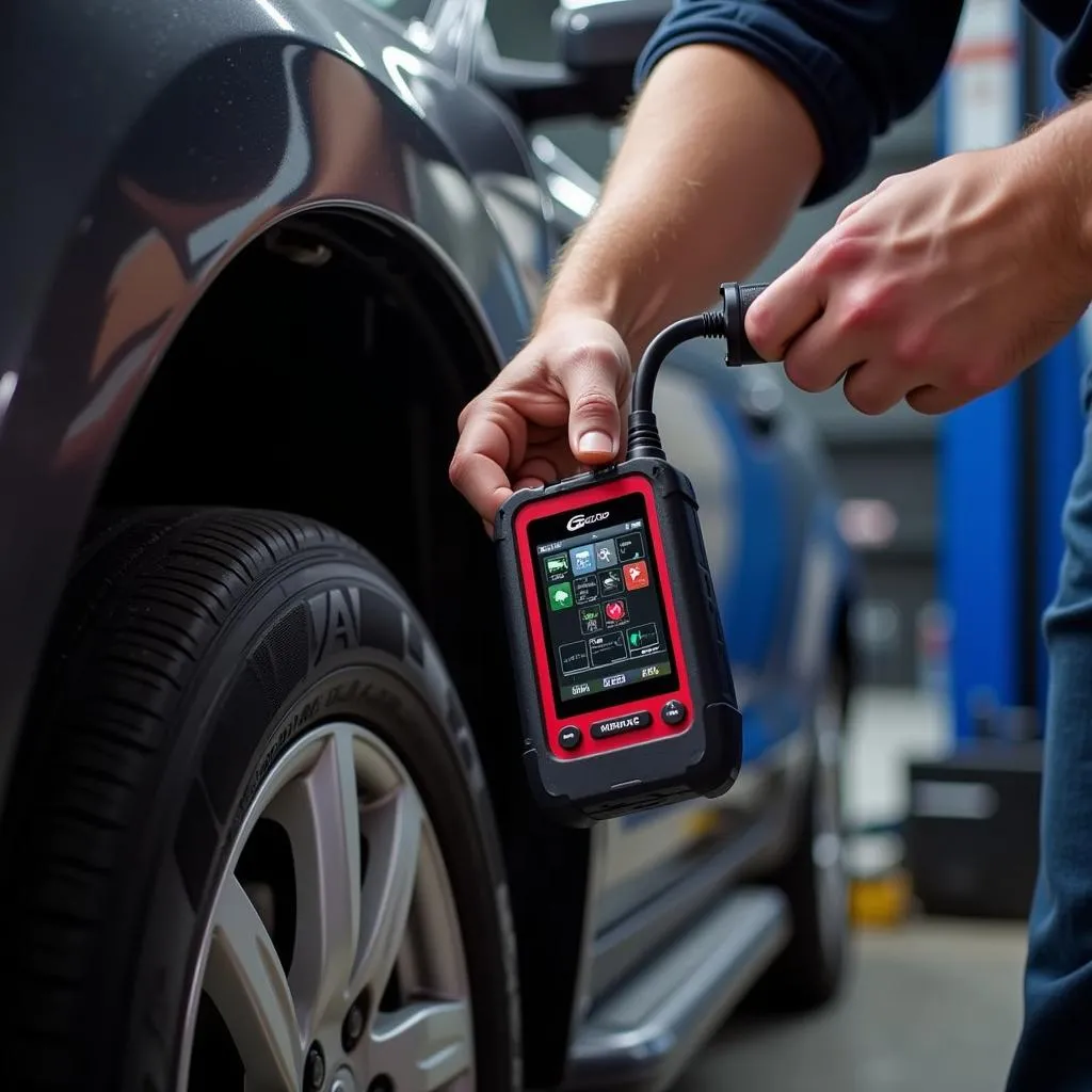 Mechanic inspecting a car with a diagnostic tool