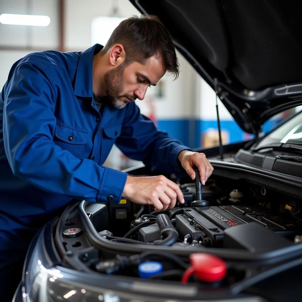 Mechanic inspecting a car engine for performance issues