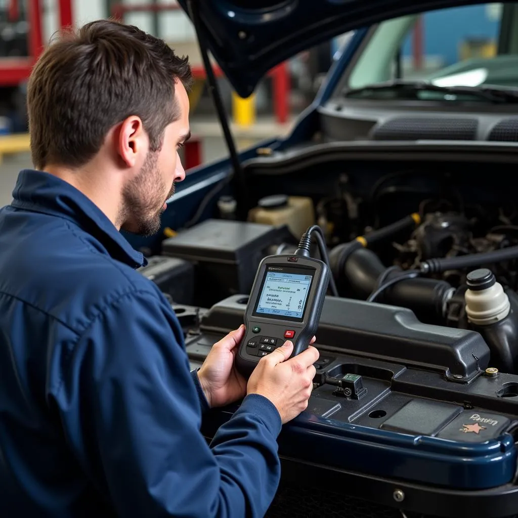 Mechanic inspecting a truck engine