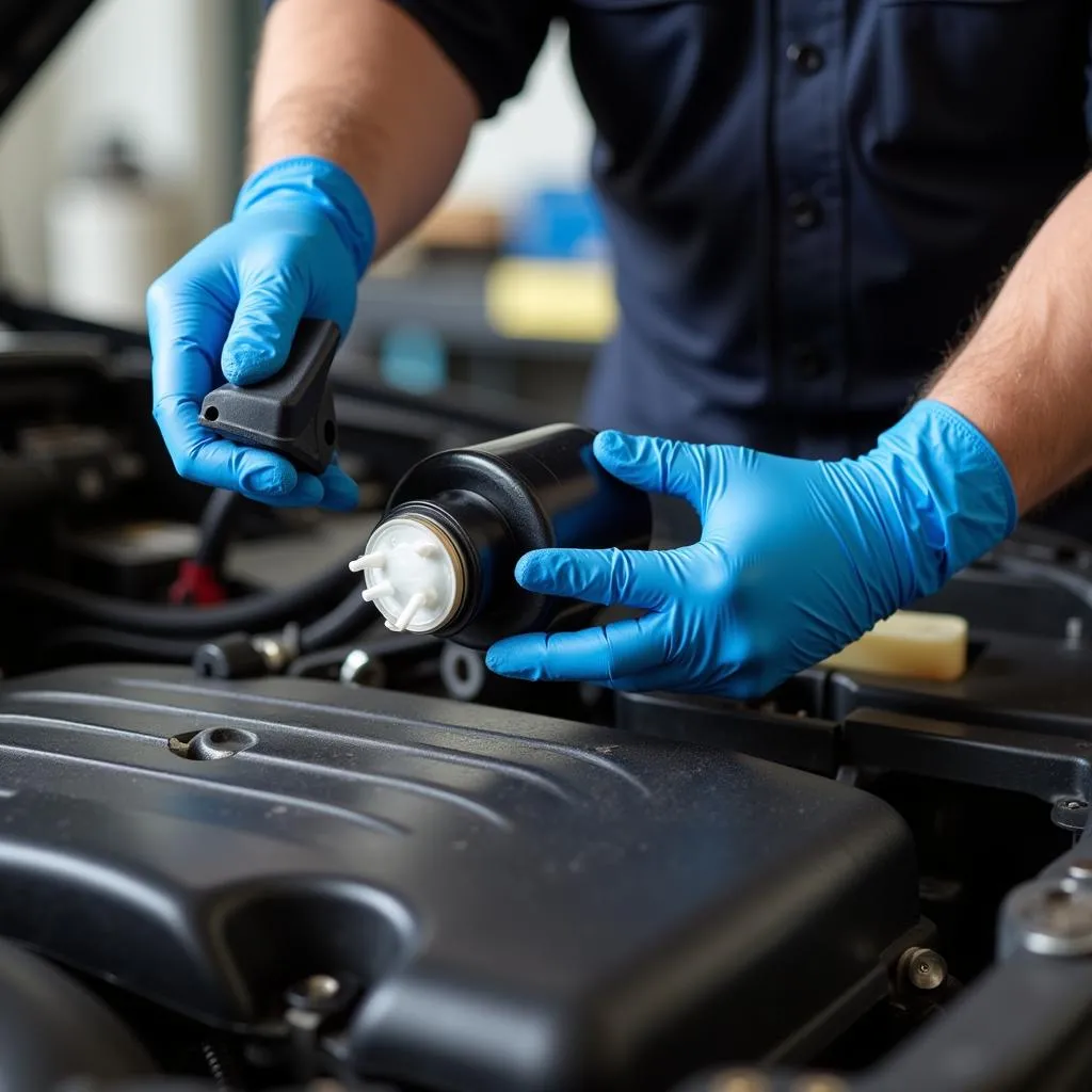 Mechanic inspecting car fuel filter